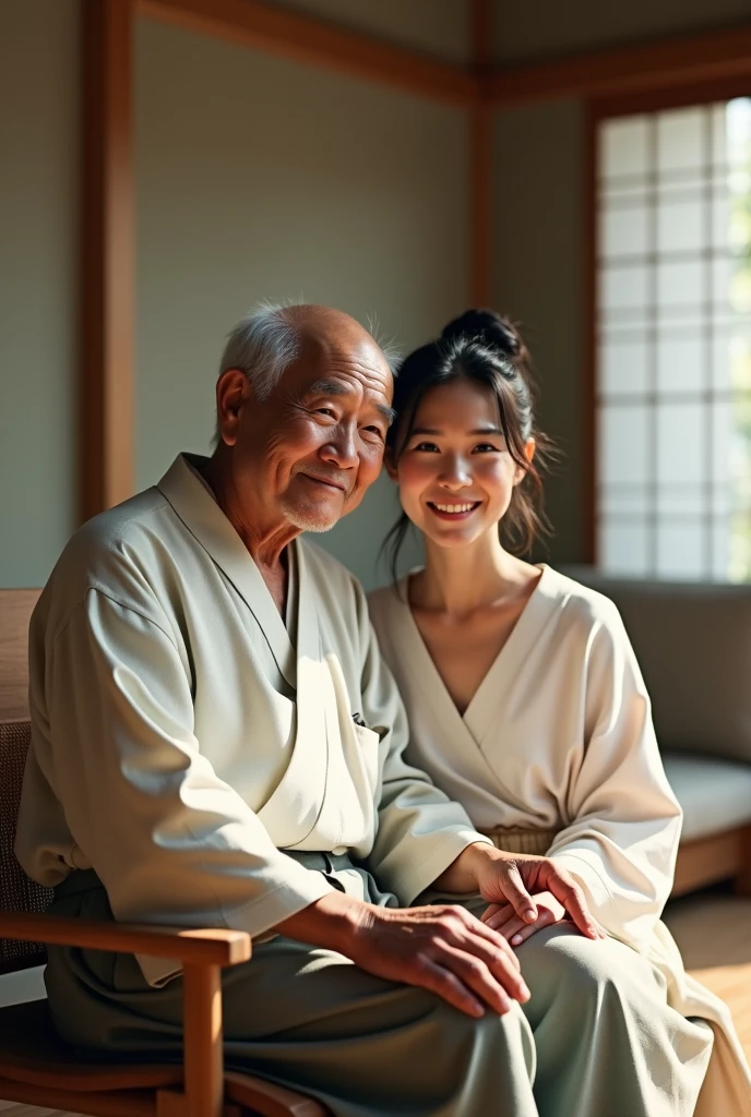 A bald Japanese grandfather, a little white hair on the side, no shirt, yukata pants, sitting in a Japanese-style lounge room.next to him is the grandpa's grandson, a beautiful 25-year-old Japanese girl, wearing a white versece top, smiling.Japanese-style lounge room background.realistic.ultraHD