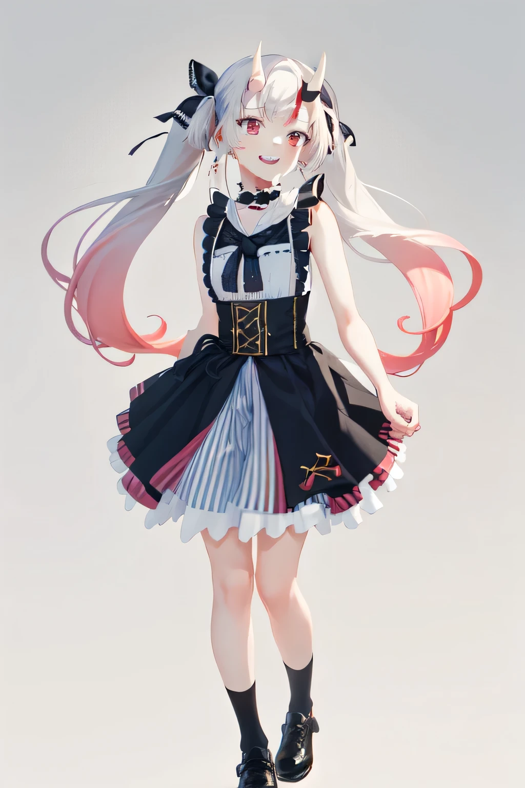 masterpiece, Highest quality, Absurd, Perfect Anatomy, One girl, alone, Nakiri Ayame, Long Hair, Nakiri Ayame, long hair, twintails, Ayame,  skirt, hair bow, black bow, frilled choker,standing white back ground, Put your arms behind your back, smile,full body