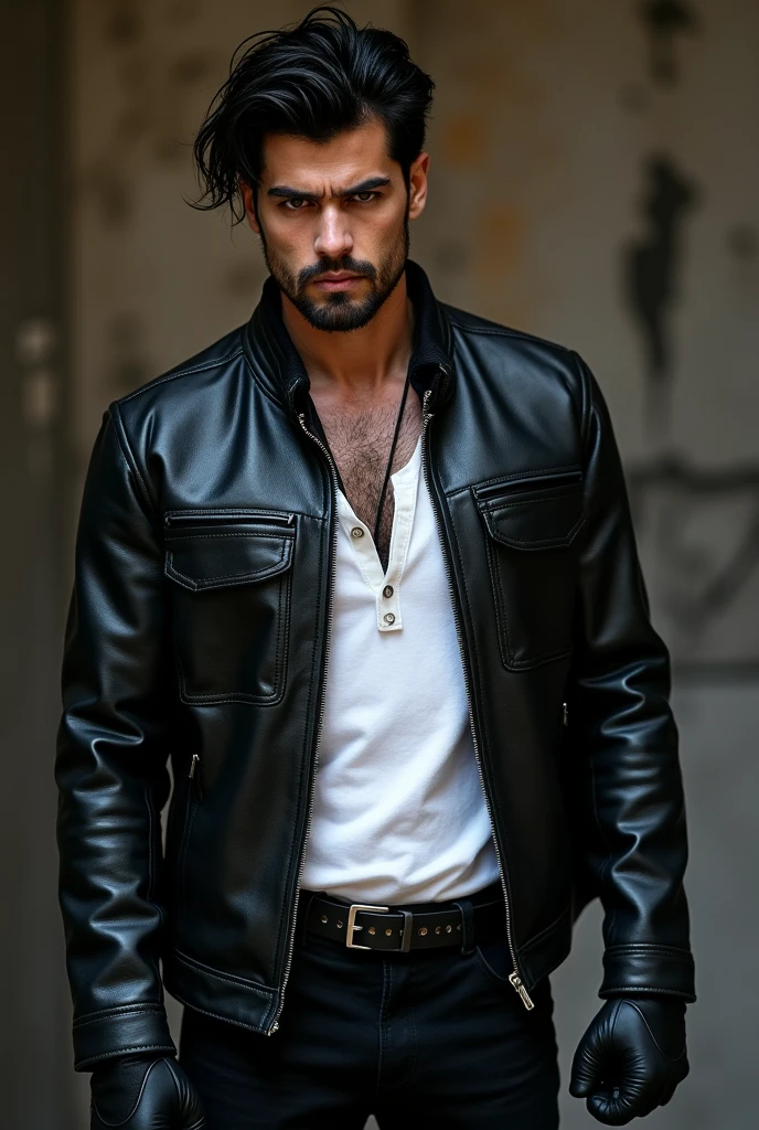 Latin American Costa Rican brunette man wearing a black leather jacket, black gloves, white shirt and black pants