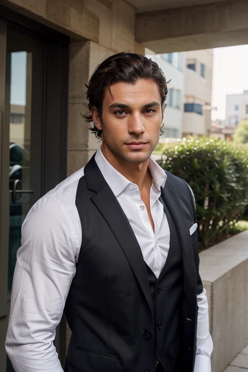 Handsome Man 38, lean muscular body, tan skin olive, his eyes are blue, 1.90m, his hair is dark brown with natural waves below his shoulders, a little stubble unshaved, wearing a black suit, white shirt