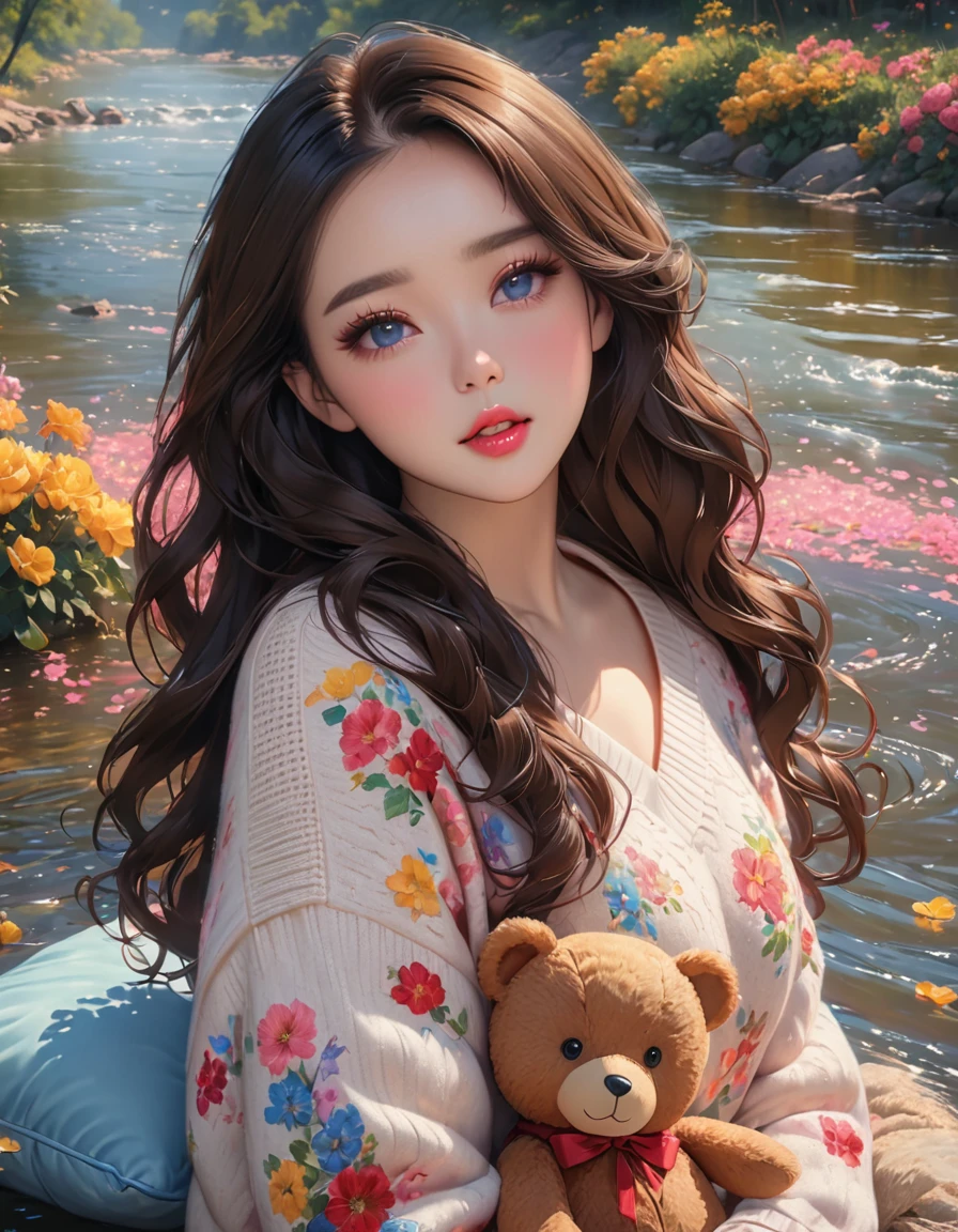 1girl walking on the river, mix4, sweater, pillow, lips, open_mouth, realistic, photo_(medium), solo, stuffed_animal, stuffed_toy, teddy_bear,(masterpiece),(photorealistic:1.3), ultra-detailed, (high detailed skin:1.2),(best quality:1.0), (ultra highres:1.0), (ulzzang-6500:0.3), wavy detailed hair, long hair, sunshine, (beautiful detailed makeup), (sexually aroused blushing heavy breathing:1.0), floral theme flower petals scattered, (soft glow bloom:0.5)