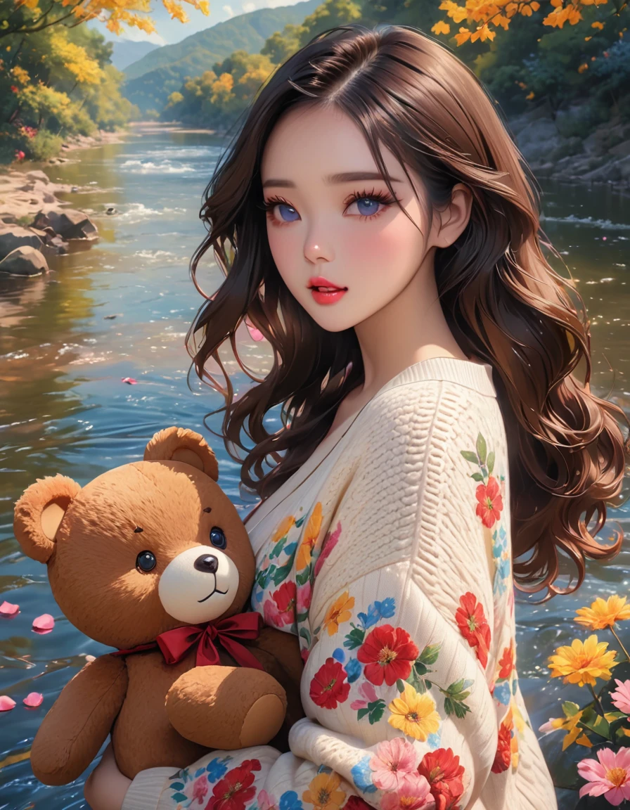 1girl walking on the river, mix4, sweater, pillow, lips, open_mouth, realistic, photo_(medium), solo, stuffed_animal, stuffed_toy, teddy_bear,(masterpiece),(photorealistic:1.3), ultra-detailed, (high detailed skin:1.2),(best quality:1.0), (ultra highres:1.0), (ulzzang-6500:0.3), wavy detailed hair, long hair, sunshine, (beautiful detailed makeup), (sexually aroused blushing heavy breathing:1.0), floral theme flower petals scattered, (soft glow bloom:0.5)