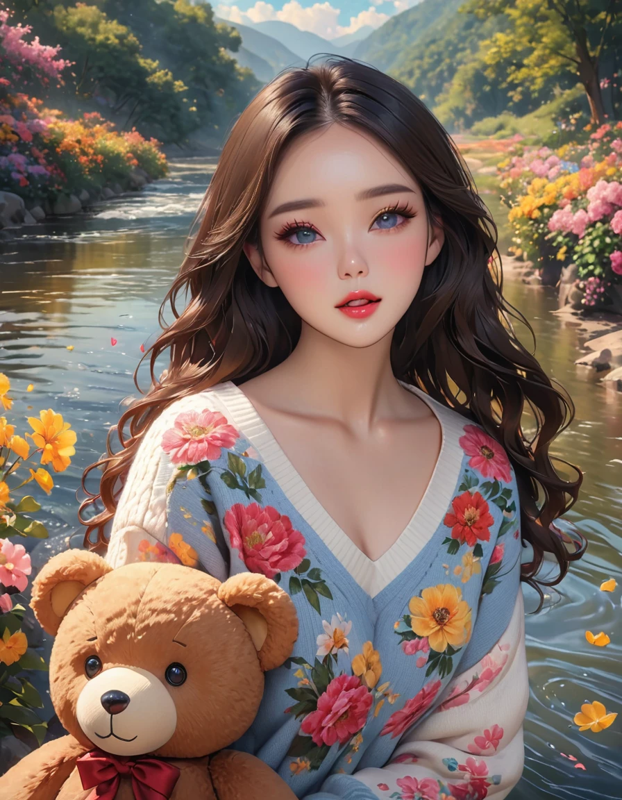 1girl walking on the river, mix4, sweater, pillow, lips, open_mouth, realistic, photo_(medium), solo, stuffed_animal, stuffed_toy, teddy_bear,(masterpiece),(photorealistic:1.3), ultra-detailed, (high detailed skin:1.2),(best quality:1.0), (ultra highres:1.0), (ulzzang-6500:0.3), wavy detailed hair, long hair, sunshine, (beautiful detailed makeup), (sexually aroused blushing heavy breathing:1.0), floral theme flower petals scattered, (soft glow bloom:0.5)