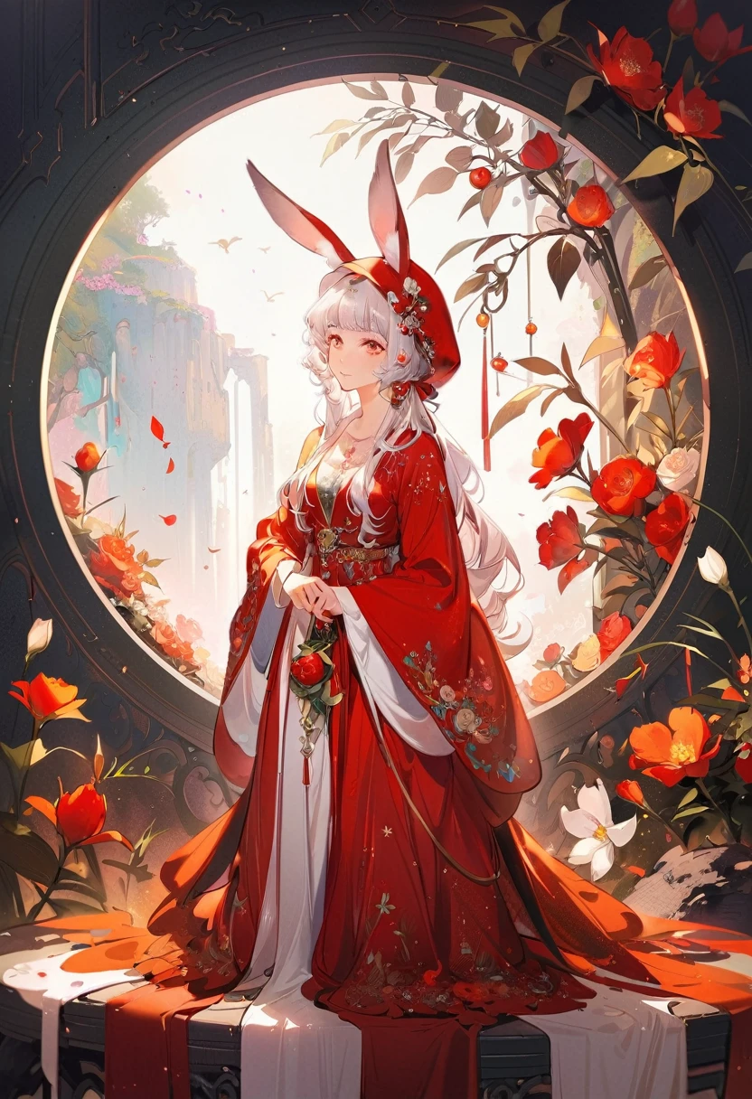 Poster,(a lot:1.2),((Art Deco,Botanical Art,Flower Art)),(Floral:1.2),Rose flower, (masterpiece, Highest quality),(Vibrant colors,colorful),(Amazing details,Detailed Background),Anatomically correct,Accurate drawing,Detail View,Sense of luxury, Beautiful girl with perfect face,very_Long eyelashes, Detailed lips, Cool look, Soft Skin, ,Vibrant Background, Natural light,The cutest girl in the world,Exquisite makeup, Silver wavy hair, Bangs straight,, Silver Hair, woman,Little Red Riding Hood Style,Red bunny ears hood,