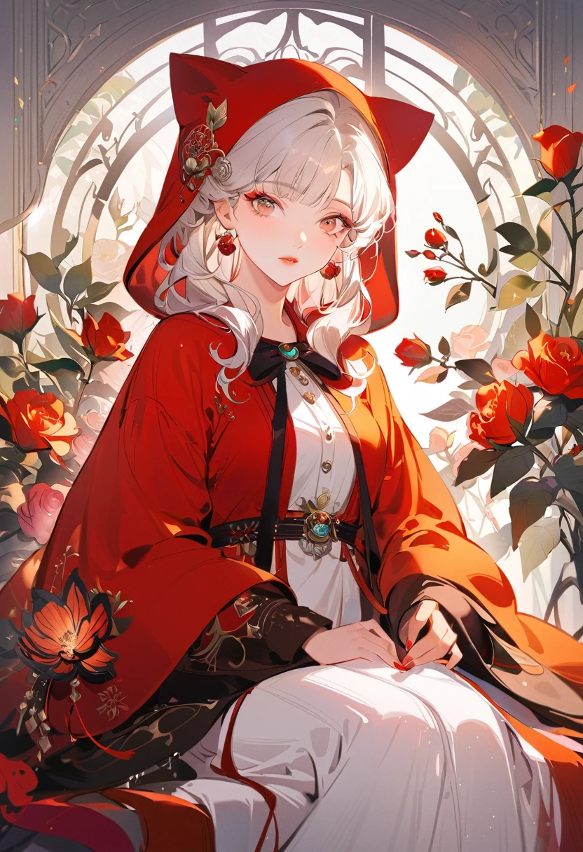 Poster,(a lot:1.2),((Art Deco,Botanical Art,Flower Art)),(Floral:1.2),Rose flower, (masterpiece, Highest quality),(Vibrant colors,colorful),(Amazing details,Detailed Background),Anatomically correct,Accurate drawing,Detail View,Sense of luxury, Beautiful girl with perfect face,very_Long eyelashes, Detailed lips, Cool look, Soft Skin, ,Vibrant Background, Natural light,The cutest girl in the world,Exquisite makeup, Silver wavy hair, Bangs straight,, Silver Hair, woman,Little Red Riding Hood Style,Red bunny ears hood,
