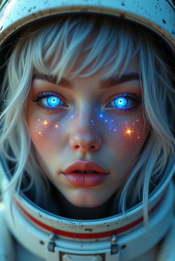 (Close-up of a better masterpiece:1.5)0.9], (Space and astronauts:1.2) (Messy silver hair:1.1) (Heterochromia xanthochromia and blue eyes:1.2) (Space Helmet:1.0) (Colored stars in the eyes:1.0) (A radiant glow:1.1) (thick lips:0.9)