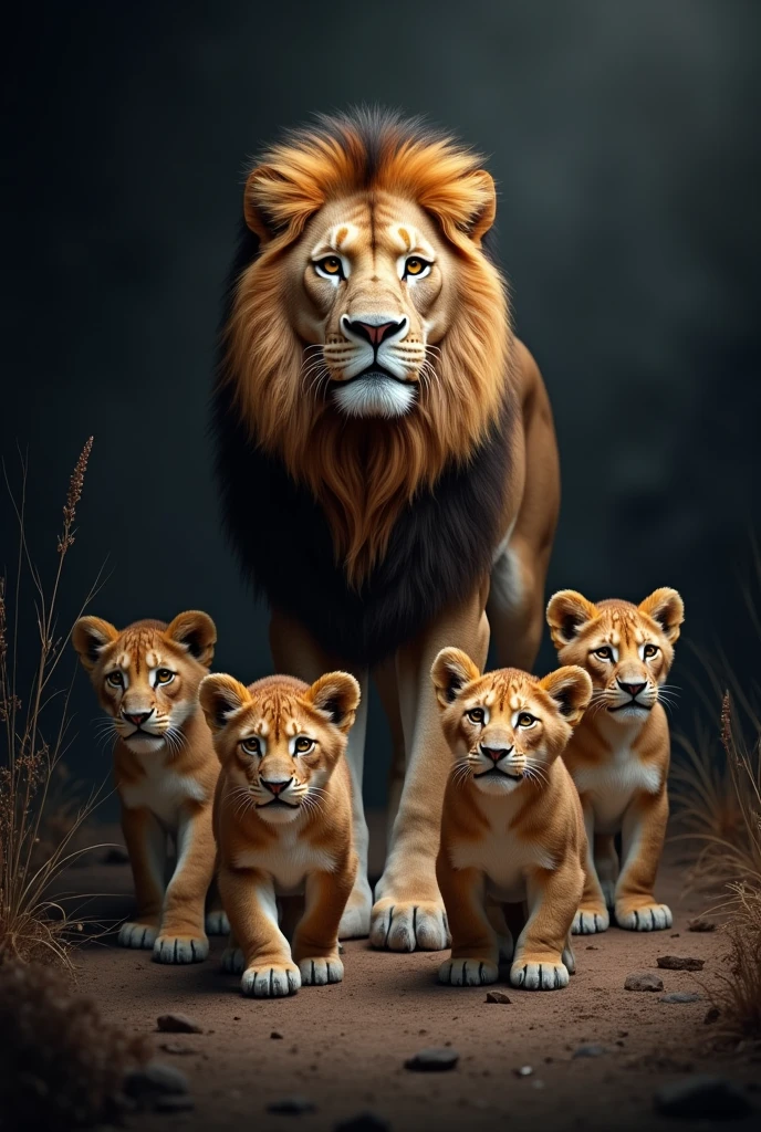 Lion, three lion cubs, lioness, dark background on the board