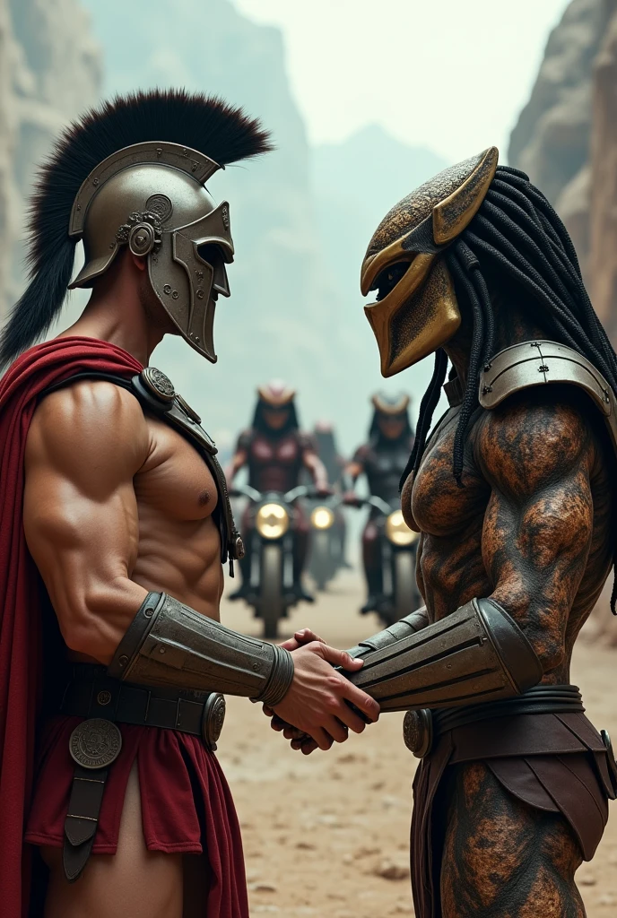 A muscular Spartan and a helmeted Predator shaking hands in friendship,and in the background many half SPARTAN motorcyclists,half predator with helmet