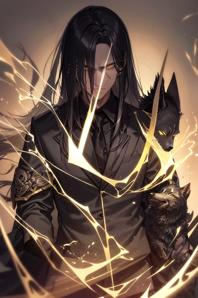 absurd, high quality, finely detailed, man with long black hair and katana sword, wearing a suit, demon hunter, with his summoned spectral black wolf, with swirling shadows and visible bones beneath its dark fur. The wolf should have glowing eyes and be emanating flames from its body