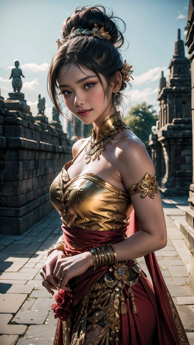 1female, a woman in the era of the Majapahit kingdom, is having a traditional Javanese wedding with gold and black ornaments, wearing a typical Javanese bun, with a charming and charming gaze, smiling, oriental female, with the Prambanan temple in the background, ancient Javanese era, cinematic photography, detailed, hyperrealism, great detail, 8k cinematic, high resolution, symmetrically, cinematic, color grading, photography, shot on 50mm lens, ultra-wide angle, depth of field, hyperdetailed, beautifully color-coded, insane detail, intricate detail, beautiful color grading, incredibly detailed and intricate, hyper maximal, elegant, hyperrealistic, super detailed, posing dynamic, photography, ultra-realistic, Full - HD, high detailed definition, Hyper detailed, 8k