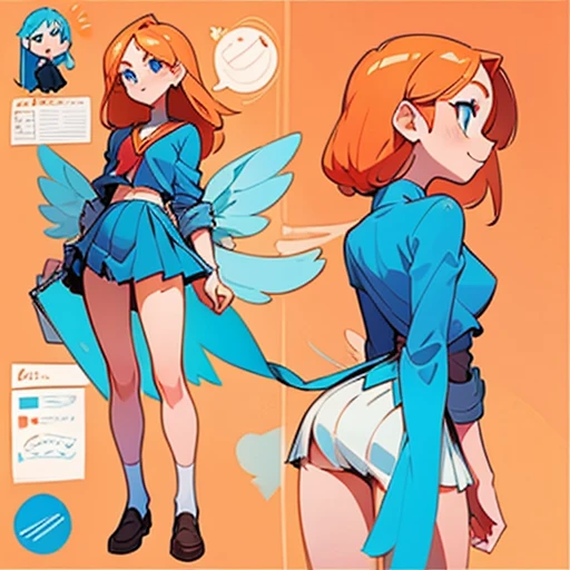 A girl with a young and delicate face, with big blue eyes full of curiosity and energy. Fair skin with a warm smile on her lips.
Long, straight hair with a vibrant orange-red tone and loose
Body with a slender and well-proportioned figure. Light and soft skin
Dressed in blue erotic school uniform mini-skirt and with fairy wings
(((character sheet))) ((various views)) ((front and back) (Face detail) (full body)