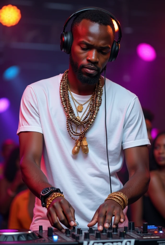 Photo of a male dj performing(kenyan) in white t shirt and jewelries to use as a logo for my video mixes.