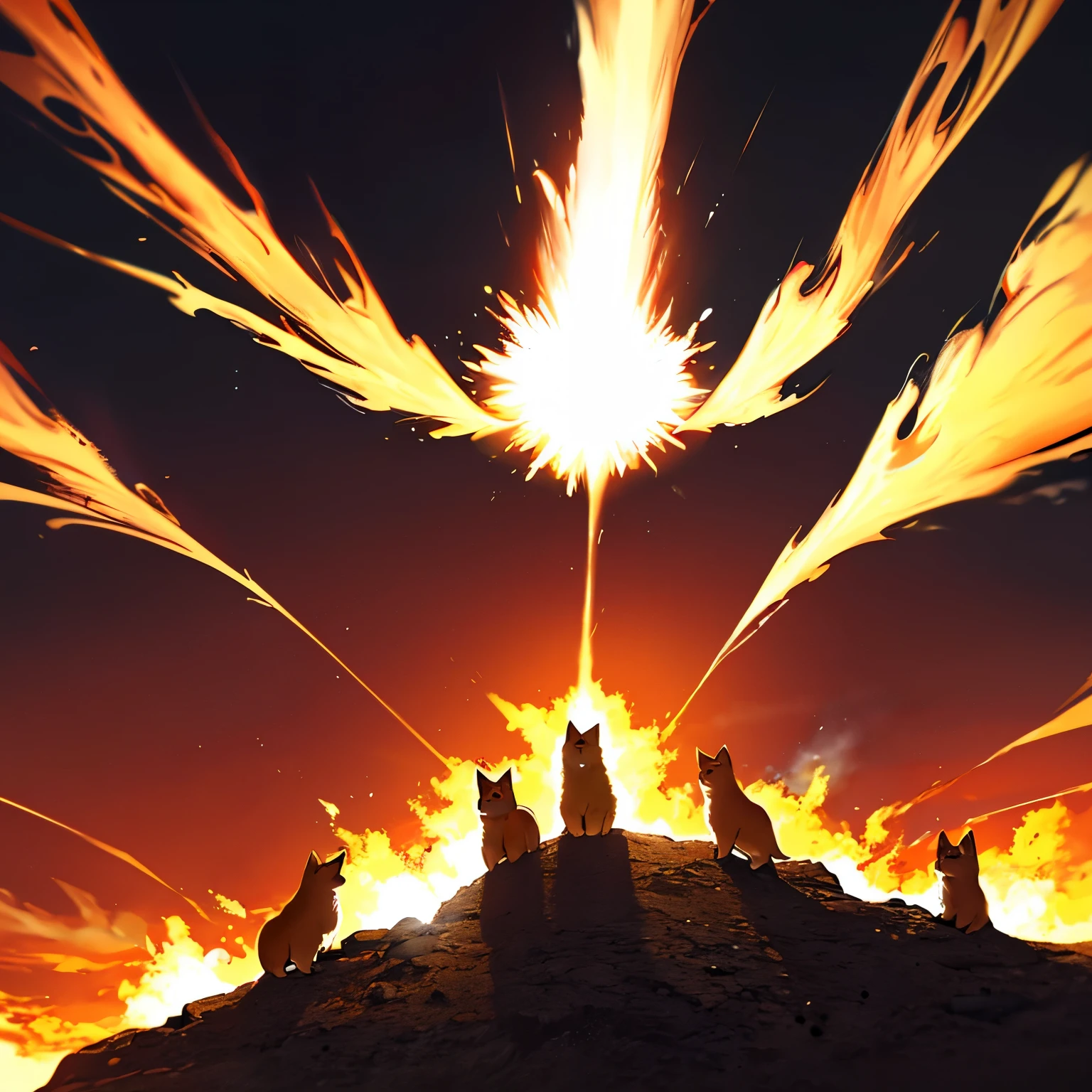 A group of corgis, their fur illuminated by the intense light of a distant explosion, stand side by side on a rocky terrain, staring in awe at the fiery spectacle in the sky. The corgis' eyes are wide with a mix of wonder and concern, their ears perked up as they watch the massive explosion unfold in the distance. The explosion fills the sky with bright orange, red, and yellow hues, casting dramatic shadows across the ground. The landscape around them is rugged and barren, with small rocks and dust particles lifted by the force of the blast. The scene captures a moment of intense focus and unity among the corgis as they witness the powerful event.