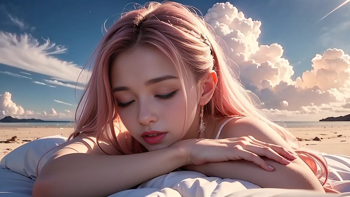 Sleep video, white cloud fairyland, dreamy romantic, dreamy atmosphere and drama, very magical and dreamy, dreamy scene, heaven pink, on the clouds, the sky is pink, heaven, white cloud fairyland, fantastic and dreamy atmosphere, dreamy and fantastic, music video stills