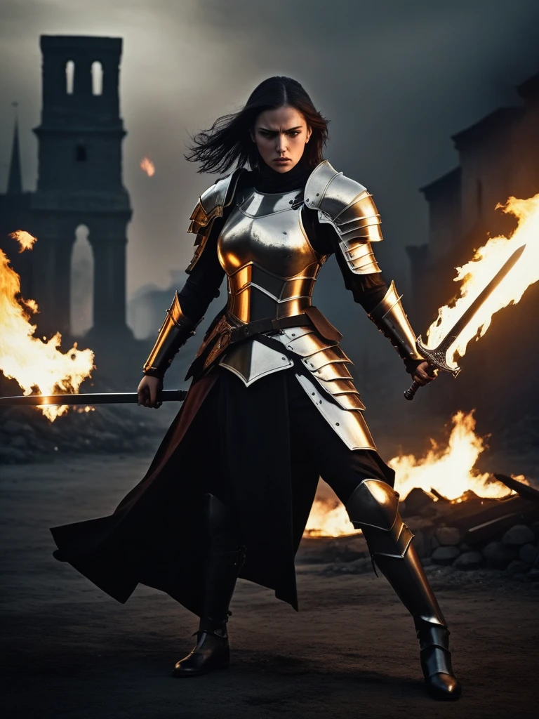 (work of art, best qualityer), uncanny (brutal warrior) complex armour, complex weapon, dark tone palette, battlefield in the background::4 militant poses :: portraite::-2 anger, anger, might, emotional,young brunette epic composition, Darkfantasy Principe,Gothic, dramatic shadows, long sword, wide and flaming