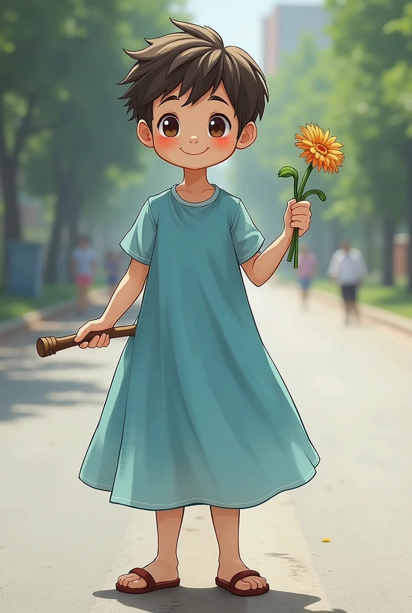 A 24-year-old boy is standing with a flower in his right hand and a stick in his left hand, a smiling face, wearing a sky-blue dress, standing on the road