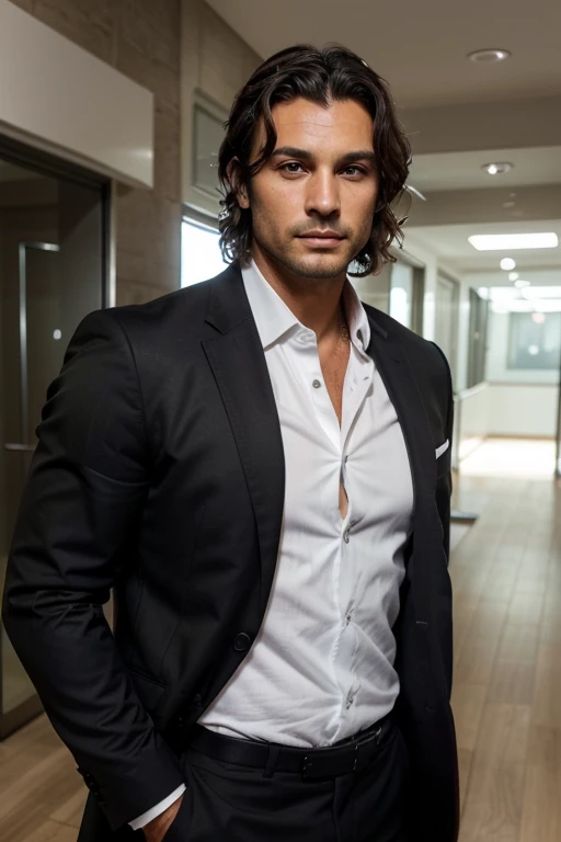 Handsome Man 38, lean muscular body, tan skin olive, his eyes are blue, 1.90m, his hair is dark brown with natural waves that flow down his shoulders, a little stubble unshaved, wearing a black suit, white shirt
