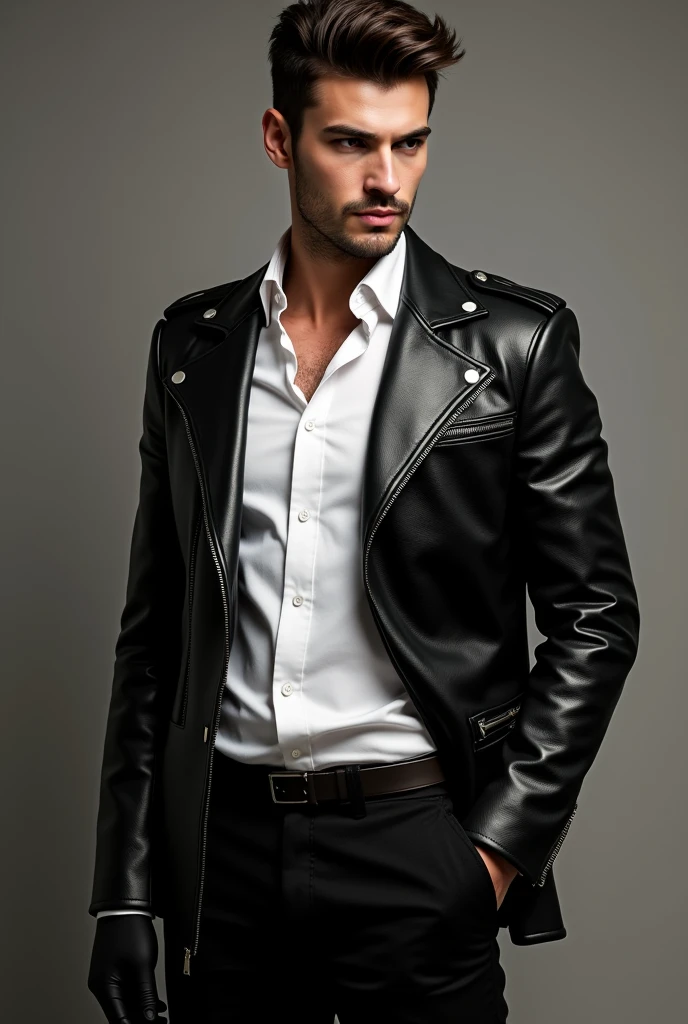 Latin American Costa Rican brunette man wearing a black leather jacket, black gloves, white shirt and black pants