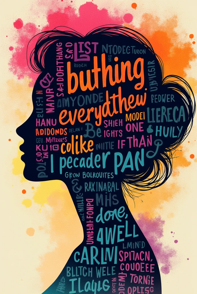 [Core Concept] A visually striking typography poster featuring a silhouette of a woman's face composed of colorful text. [Character Description] The woman's facial features are formed by the placement of the text, creating an appealing and expressive portrait. [Environment/Background] The background is set against a vibrant multi-colored palette, adding a dynamic and eye-catching element to the design. [Style and Mood] The overall aesthetic is modern, bold, and artistic, resulting in a playful and visually appealing composition. [Composition] The text is expertly arranged to flow and curve to seamlessly integrate with the woman's facial structure, creating a harmonious and visually appealing piece. [Details and Embellishment] Individual letters and words are rendered in a variety of colors, textures, and styles, adding depth and visual interest to the typography-based portrait. [Technical Specifications] This digital artwork is suitable for high-quality printing as a poster, with a resolution and file format suitable for professional printing.