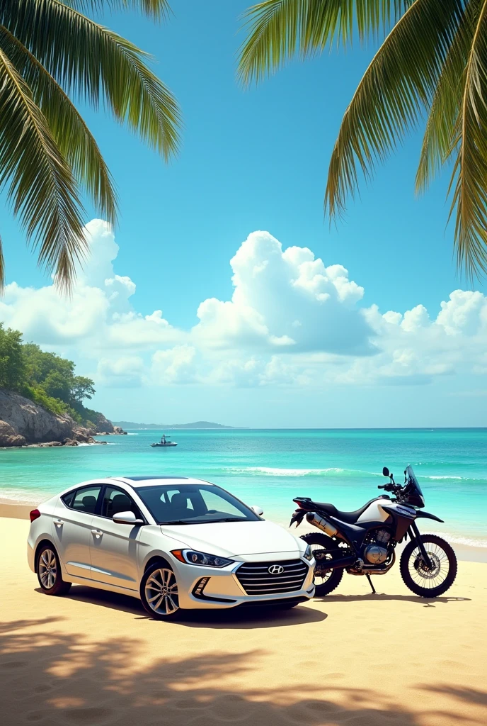 "Create an image of a white 2013 Hyundai Elantra parked on the sand of a sunny beach, with the sea in the background and gentle waves breaking on the shore. Ao lado do carro, put a Yamaha XT660R, highlighting its robust and sporty design. The scene should capture the essence of a perfect day at the beach, with clear blue sky and some palm trees in the background."