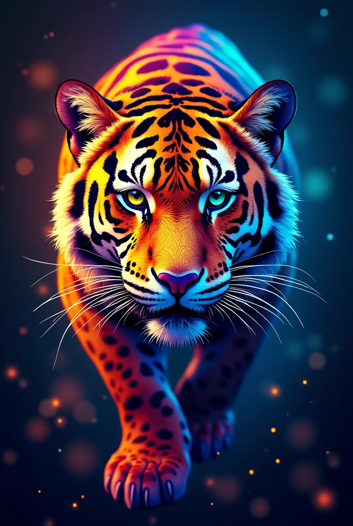 Create a fantastic Amazonian jaguar. A mix of jaguar and tiger, rainbow colours,spectacular, vibrant, no signature, no watermark