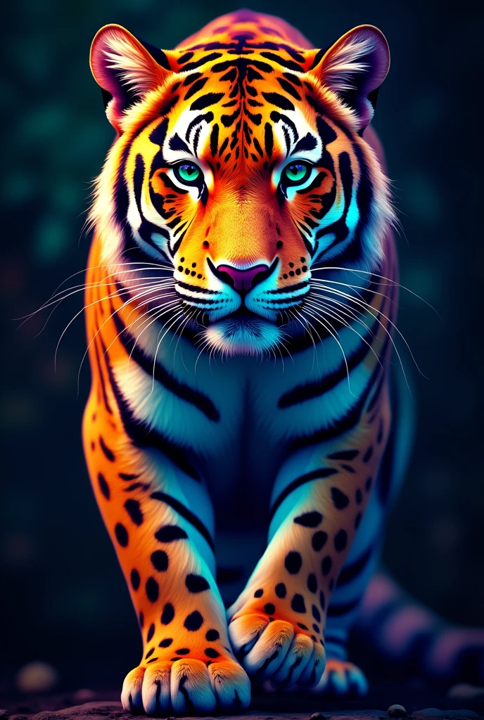 Create a fantastic Amazonian jaguar. A mix of jaguar and tiger, rainbow colours,spectacular, vibrant, no signature, no watermark