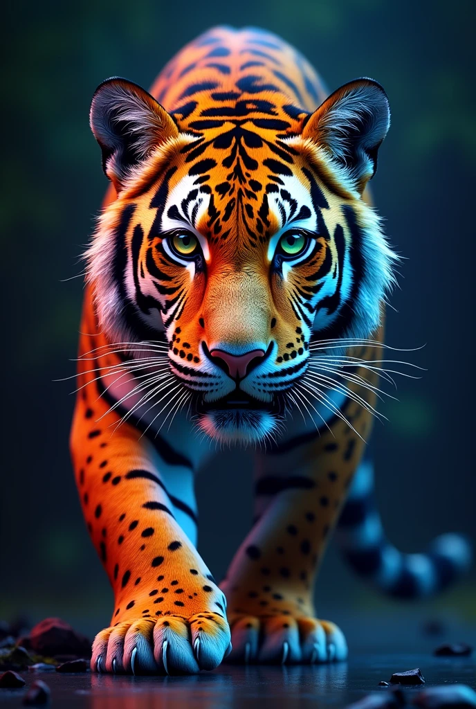 Create a fantastic Amazonian jaguar. A mix of jaguar and tiger, rainbow colours,spectacular, vibrant, no signature, no watermark