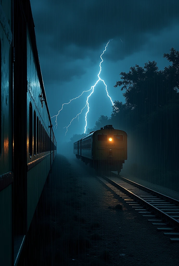 Here's a prompt based on the story:

**Prompt:**
Create an eerie and atmospheric scene featuring an old Indian train, the "Kalratri Express," traveling through a dark, stormy night in the 1990s. The train is mostly empty, with only a few passengers asleep in their seats. The setting is tense, as the train's driver suddenly spots a woman in a white sari standing on the tracks. Despite his efforts to stop, the train passes through her, only for her to vanish mysteriously. As the journey continues, strange occurrences unfold—unsettling noises echo from the rear carriages, shadowy figures appear, and passengers report seeing a ghostly woman inside the train. The mood should be filled with suspense and a sense of the supernatural. The landscape outside the train should be dark, with heavy rain and lightning illuminating the surroundings sporadically.