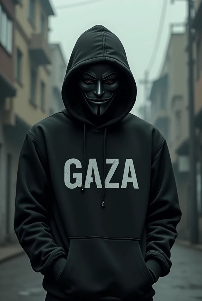 Man wearing hacker mask and hoodie with GAZA written on it
