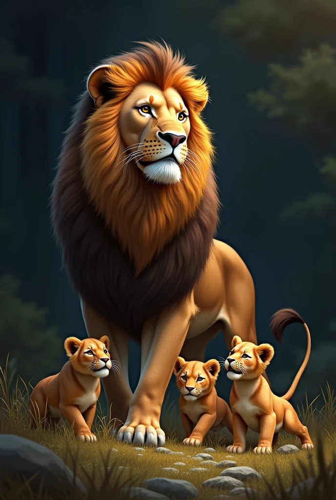 Lion, three lion cubs, Female lioness, dark background on the board