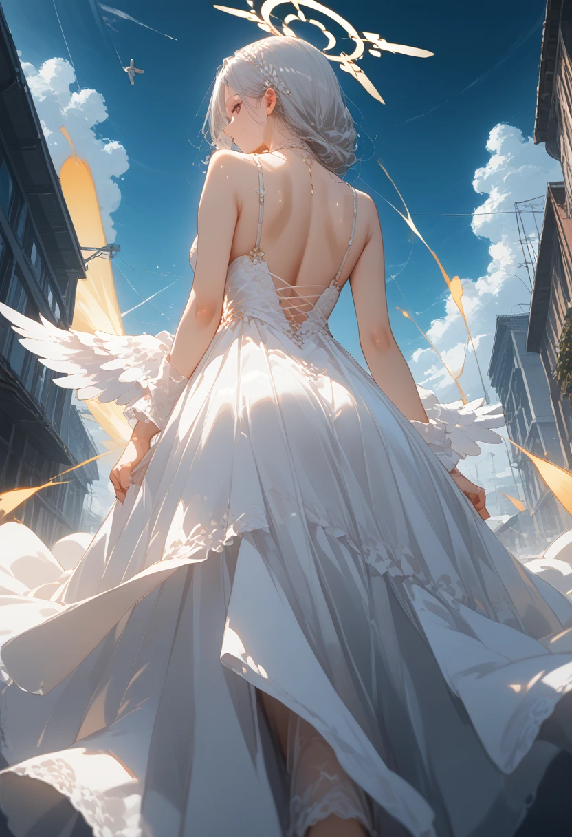 
(back view:1.5) very beautiful woman angel\(Long platinum hair, white dress with wide back,(big beautiful angel wing from her chest),very beautiful shiny halo\), she opened her arms wide and gently, as if looking for salvation, she is above the clouds and looks at the world below, brutal war\((so many sparks and lights), fails, combat aircraft, many buildings are collapsing, nature is being destroyed, magnificent and breathtaking landscape\) happens under the clouds, BREаK ,quality\(8 K,wallpaper с чрезвычайно детализированной компьютерной графикой, masterpiece,a high resolution,top-quality,top-quality real texture skin,hyperrealistic,increase resolution,RаW photos,лучшее quality,very detailed,wallpaper,cinematic lighting,Ray tracing,Golden ratio\),[nsfv],Dynamic angle,[nsfv],above,Shine