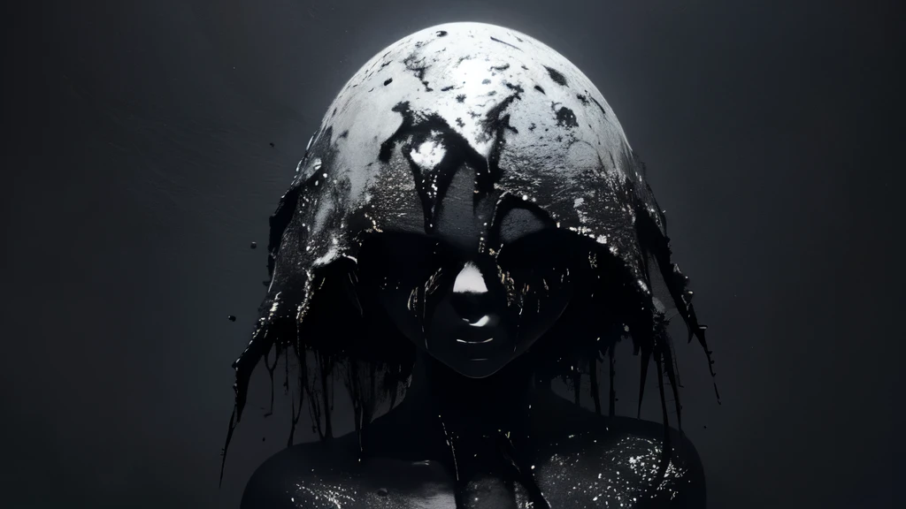 bs, solo, simple background, monochrome, upper body, greyscale, bodysuit, black background, 1other, monster, arms at sides, horror (theme), 
