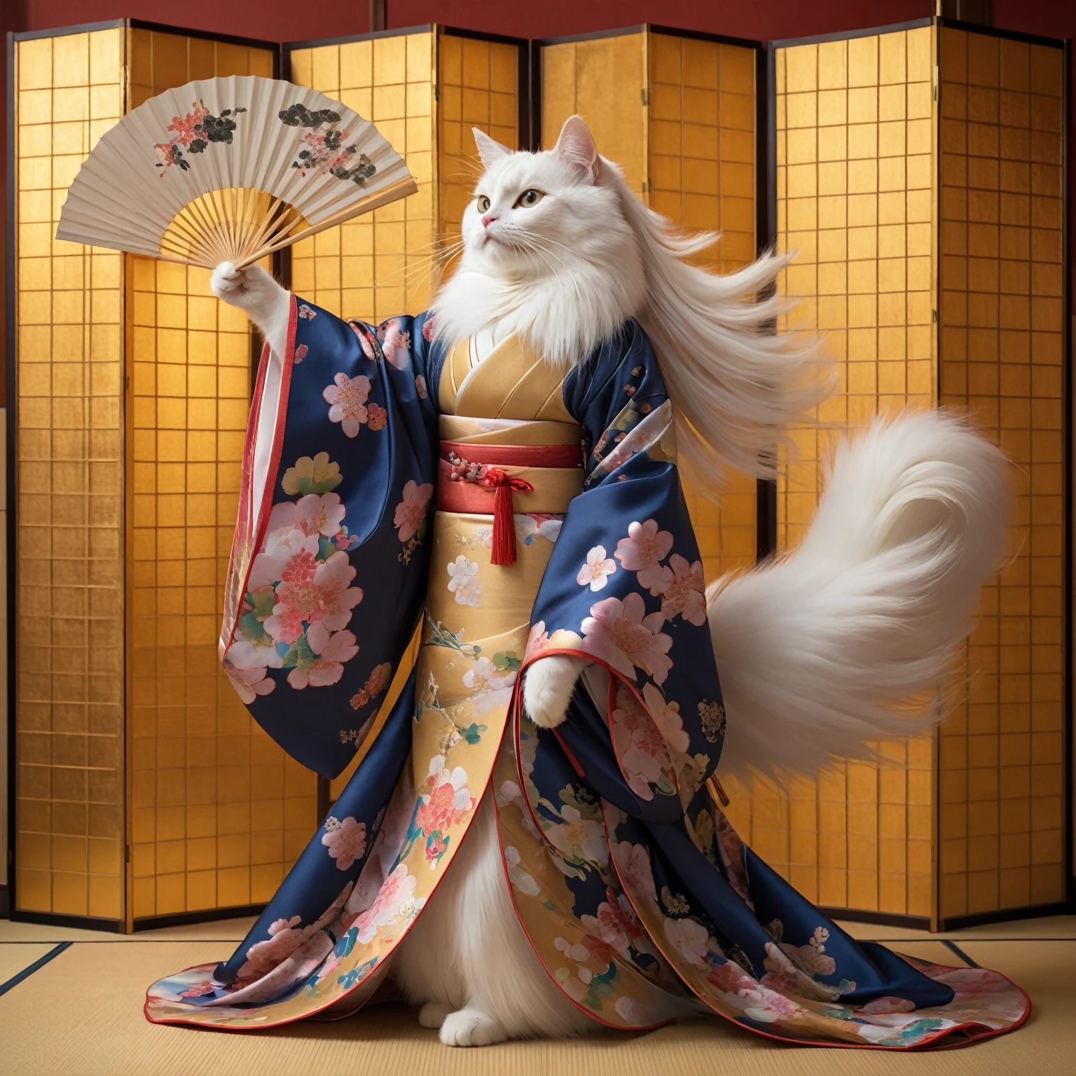 Realistic Portrait of a Cat in Japanese Kimono - Beautiful Long-Haired White Cat, Beautiful Long Hair, (Traditional Japanese Costume), (Banquet Hall,, Traditional Japanese Room:1.5), Gold Folding Screen on Background, DOAXVV_Mary Rose, One Girl, Country, Slender Body, Japanese Traditional Fan in Hand, Dance with Open Hands super high resolution, retina, masterpiece, accurate, anatomically correct, super detail, attention to detail, high quality, top quality, high resolution, 
