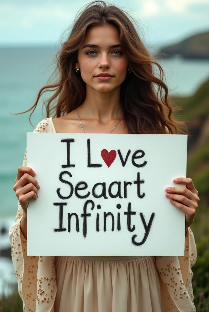 Beautiful girl with wavy long hair, bohemian dress, holding a white board with text "I Love Seaart Infinity" and showing it to the viewer