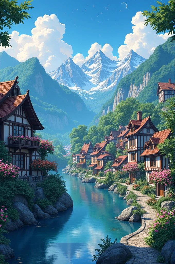 a small village by the river, mountains in the background, floral flowers colorful, detailed landscape, Beautiful natural landscapes, atmospheric lighting, evening and the stars and the moon, warm colours, practical, photopractical, Detailed Foliage, complex buildings, cobblestone street, Charming country house, swirly vibrant colors, lush vegetation, Still water reflections, Picturesque, idyllic, work of art, best qualityer, 8k, extremely detaild,anime styling