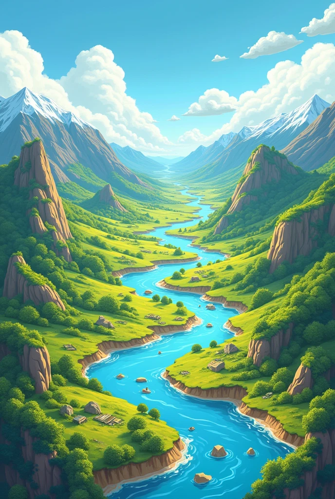 Create a poster that illustrates the different landscapes and ecosystems found on Earth. Include at least three different landforms (e.g., mountains, valleys, plains) and two water bodies (e.g., rivers, lakes). Label each landform and water body and describe how they contribute to the environment. Cartoon. Very easy to draw. Landscape. Very very easy to draw.