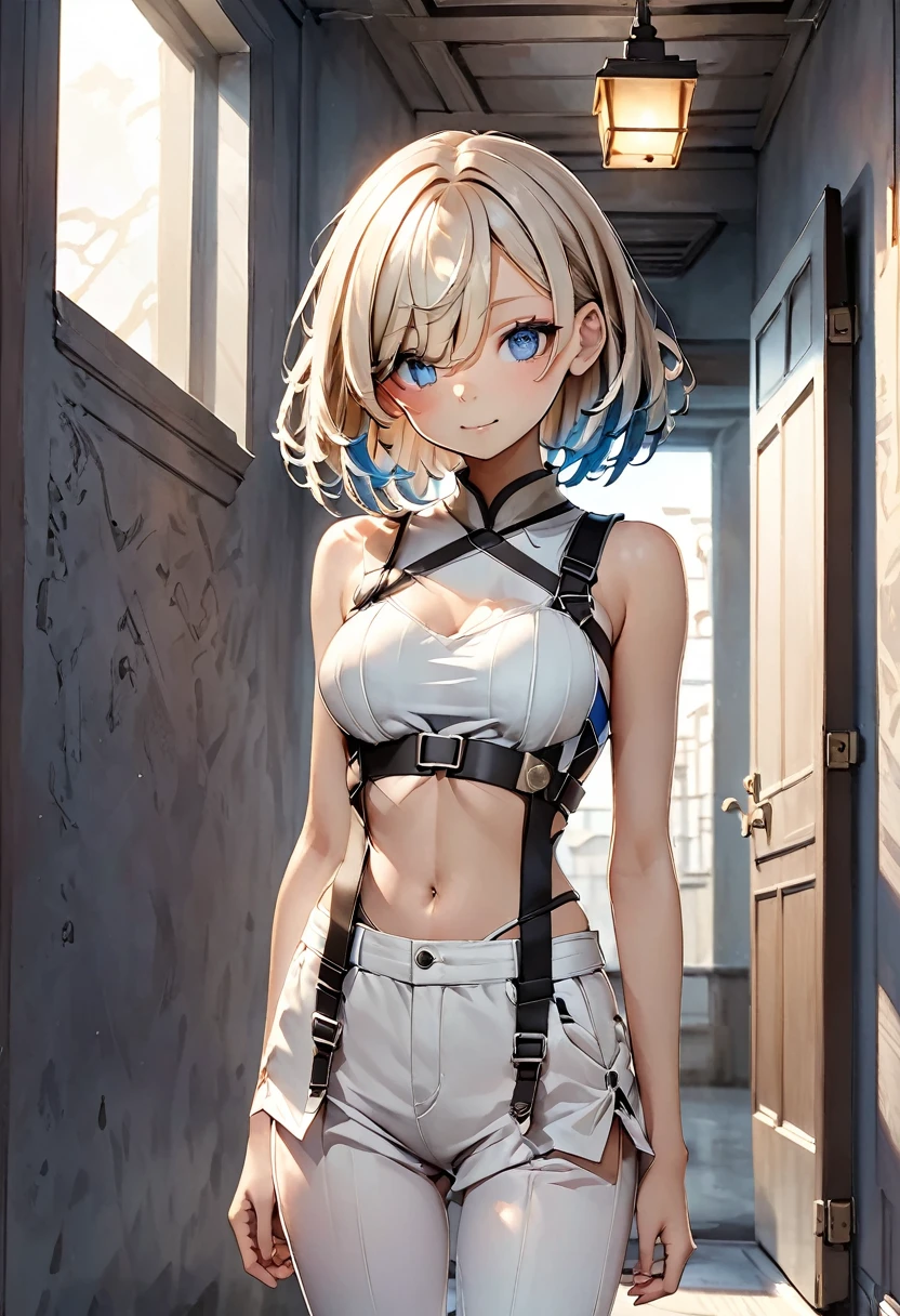 female, petite, pale sandy brown hair color, neck-length base hair, slightly wave, soft hair, bangs fall over forehead, hair over one eye, blue right eye color, gray left eye color, heterochromia, wolf-cut back hairstyle, backless and sleeveless white crop top bodysuit, multiple straps and harness, short white pants with straps and harness, ankle boots with straps, background, building white and dull hallway, staffs in white outfit, doors, lollipop inside mouth