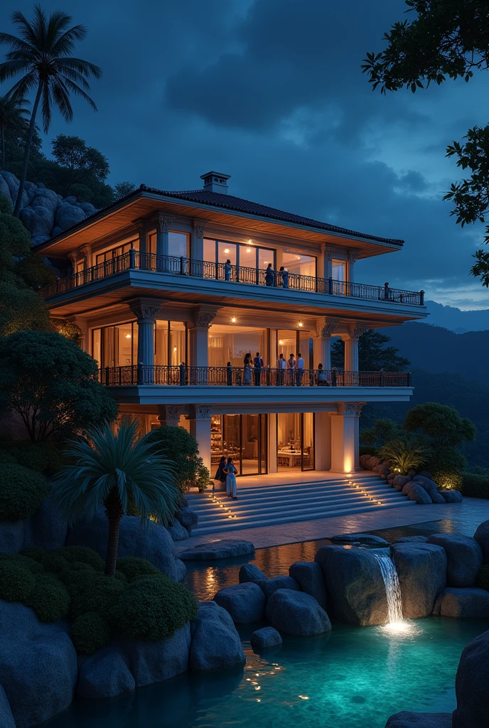 the big luxury villa on the hill, seven people on the roof top lighted up look at beautiful night view from the villa, illumination, photo realistic, reflected on the surface of the water, lighted a small Waterfall up in the pond,