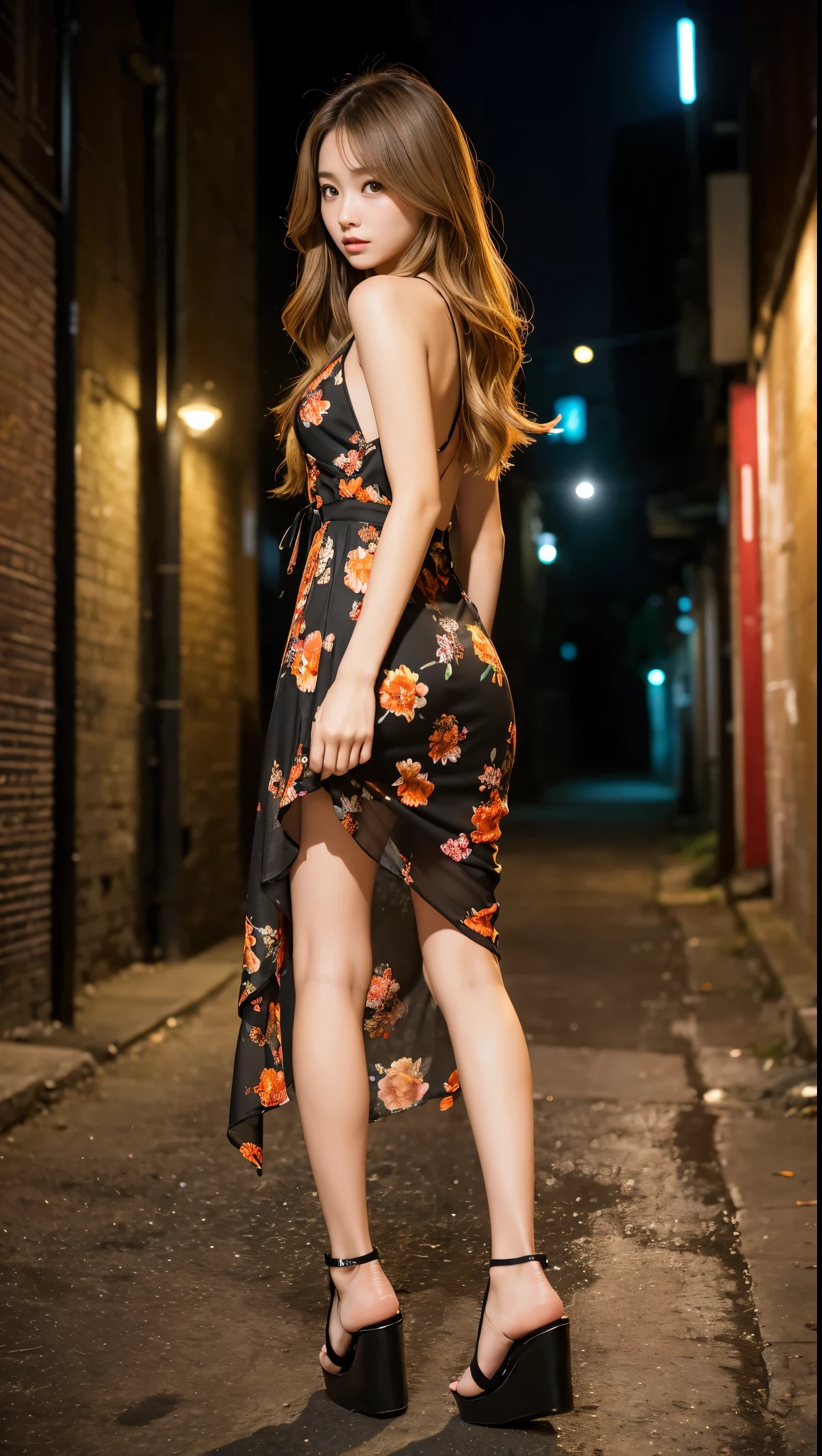 Full Body Shot、Outdoor、masterpiece、Highest quality、High resolution、Realistic、Pitch black night road、In a dark alley at night、A woman wearing an orange see-through floral dress walking alone down a deserted alley at night、A tall, slim beauty wearing an orange floral dress、The back view of an 18-year-old beautiful girl with her skirt flipped up、A slender woman with an 8-head body proportions looking back with a frightened expression、夜の細い路地で迫り来る男性に怯えて逃げる長身でLong legsの美女、With her long, wavy, dark blonde hair fluttering、Long legs、Beautiful legs、Platform Sandals、Thin and slim magazine model、Young and sexy gravure model、Chest visible from the side、looking at the camera、Looking up、Long, permed, dark blonde hair、