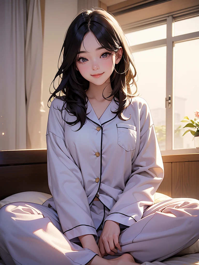 girl, black eye, warm, relax, beautiful, Calm, A light smile、pajamas、