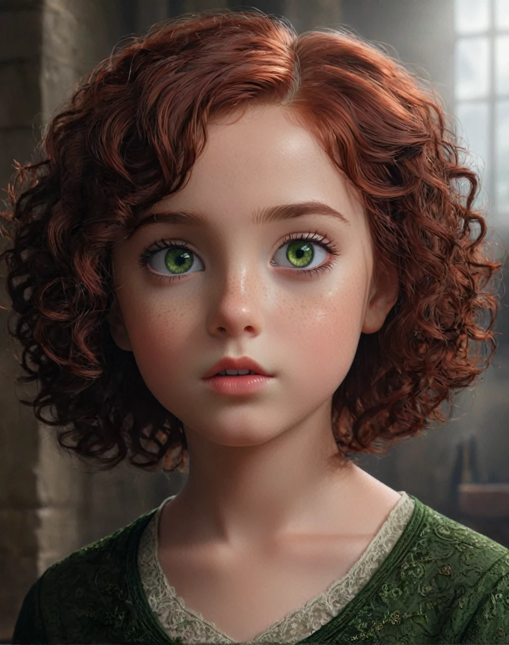 a young girl, severus snape's daughter, 7 year old girl, redhead, black short curly hair, freckles, green eyes, detailed face, detailed eyes, detailed lips, beautiful detailed girl, cinematic lighting, dramatic lighting, hyperrealistic, photorealistic, 8k, extremely detailed, masterpiece, digital art, fantasy art, concept art