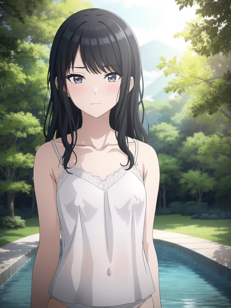 masterpiece, high quality, 8k, Beautiful lighting,sunny day, 1 girl, alone, hiori kazano, ,,((detailed white camisole)), erectile nipples,（（Detailed eyes:1.5））,（（close up:1.5））,,, ((Upper Body)),((Slender body)),,Detailed face,((flat-chest)),,squinting,blush,View your viewers, outdoor, perfect nipples, (detailed erectile nipples), long bangs, white lace panties,