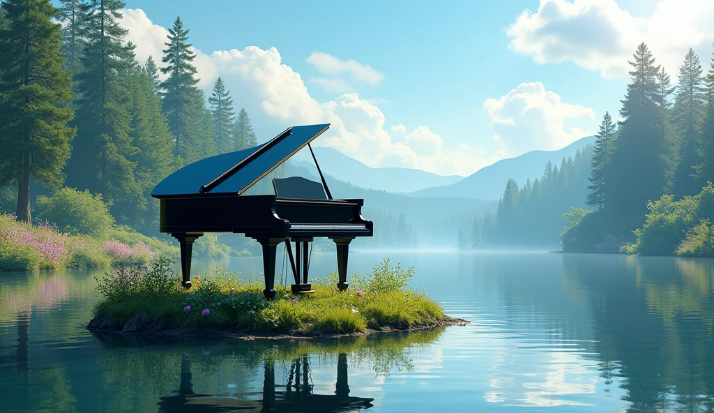 "Black grand piano、It sits on a small island in the middle of a calm, reflective lake.。Blooming flowers all around々and lush greenery spreads out、Tall pine trees in the distance々I can see。Soft fluffy clouds float in the sky、Sunlight pours in、It creates a calm and dreamy atmosphere.。The tranquility of natural scenery、To portray the elegance of the piano in a realistic and detailed way。"

