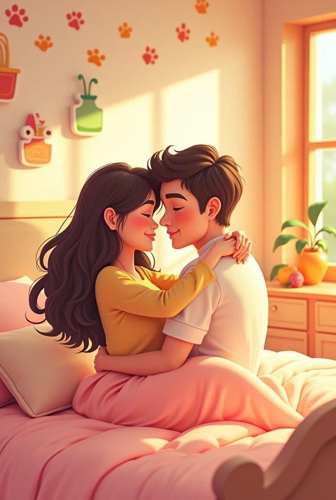 Generates an image of a couple hugging in bed cartoon