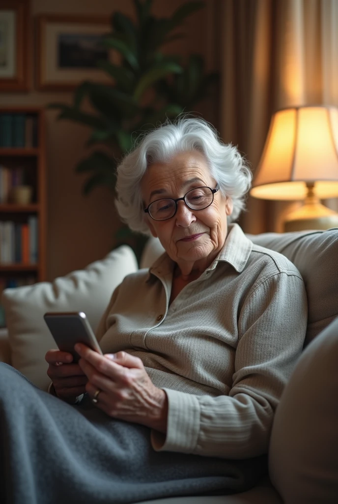 Old age women sitting on a sofa and looking on yhe phone with relaxed feeling