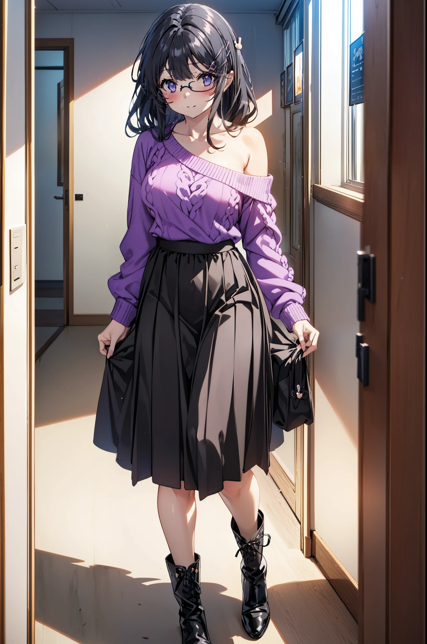 maisakurajima, mai sakurajima, Long braids, bangs, (Black Hair:1.5), hair ornaments, (Purple eyes:1.1), Hair Clip, rabbit hair ornaments,smile,blush,Glasses,One-shoulder sweater,Long skirt,Black pantyhose,short boots,Daytime,Clear skies,Walking,whole bodyがイラストに入るように,
break indoors, University　corridor,
break looking at viewer, whole body,
break (masterpiece:1.2), Highest quality, High resolution, unity 8k wallpaper, (figure:0.8), (Beautiful attention to detail:1.6), Highly detailed face, Perfect lighting, Highly detailed CG, (Perfect hands, Perfect Anatomy),