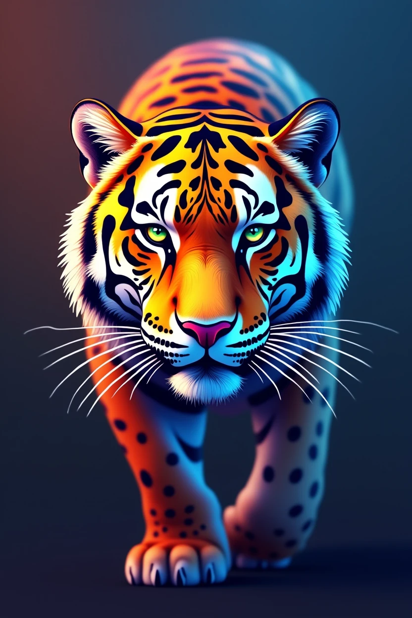 Create a fantastic Amazonian jaguar. A mix of jaguar and tiger, rainbow colours,spectacular, vibrant, no signature, no watermark