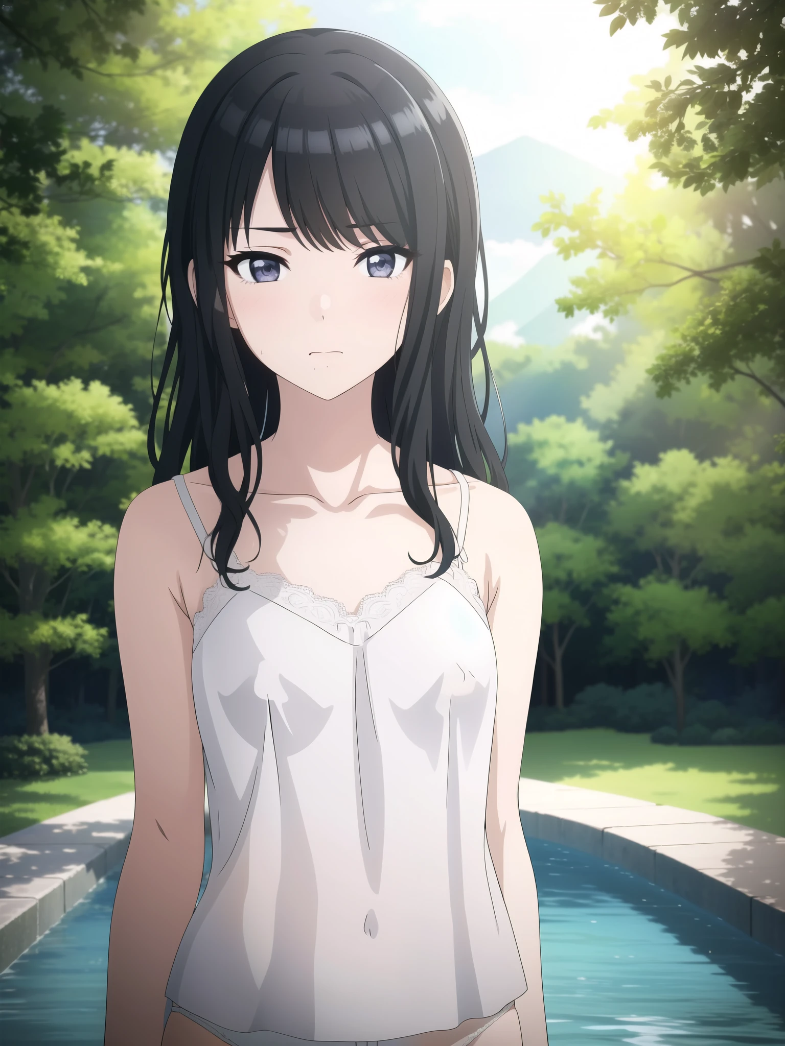 masterpiece, high quality, 8k, Beautiful lighting,sunny day, 1 girl, alone, hiori kazano, ,,((detailed white camisole)), erectile nipples,((Detailed eyes:1.5)),((close up:1.5)),,, ((Upper Body)),((Slender body)),,Detailed face,((flat-chest)),,squinting,blush,View your viewers, outdoor, perfect nipples, (detailed erectile nipples), long bangs, white lace panties,