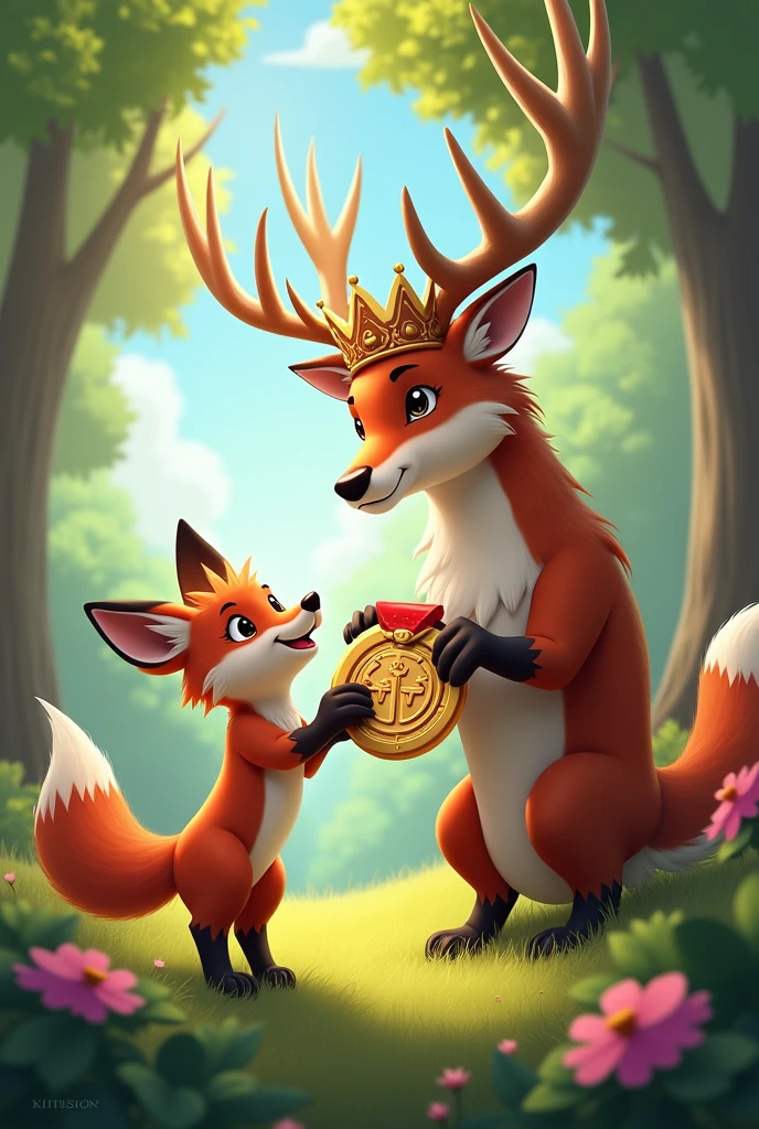 Felix Receiving the Medal
"A little fox with a proud expression, receiving a shiny medal from a regal stag. The background shows a forest setting with trees, flowers, and a sunny sky."