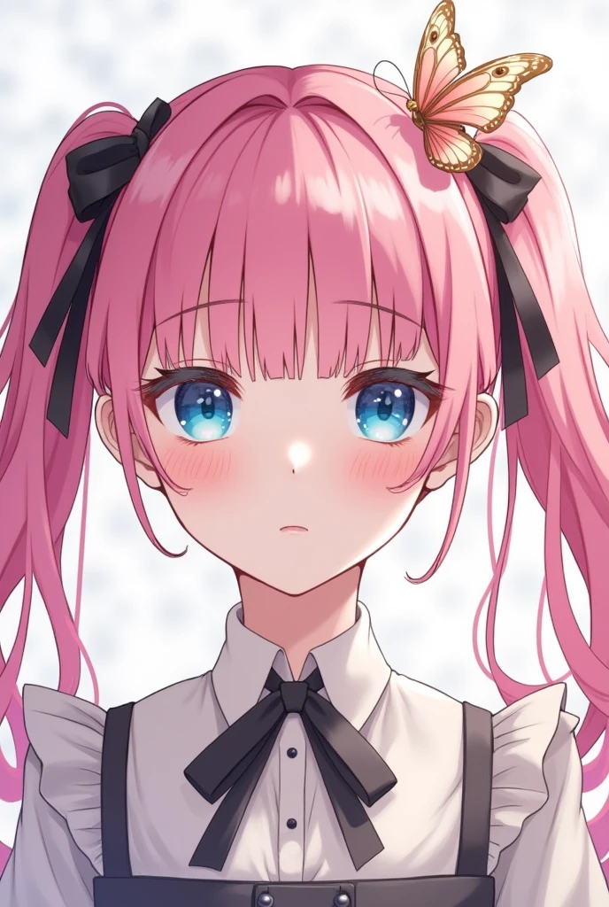 bangs, pink_hair, blunt_bangs, hair_ornament, butterfly_hair_ornament, ribbon, black_ribbon, blue_eyes, blush, hair_ribbon, twintails, long_hair
